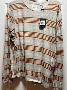 Billy Reid Striped Crewneck Long Sleeve Tee - Rust & Heather Gray NWT